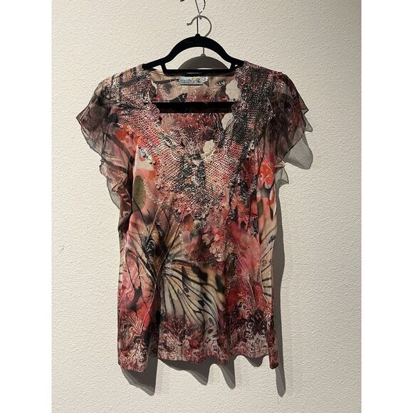 Unity World Wear Tops - Unity World Women's Moody Fairy Grunge Size M Floral Cap Sleeve Rhinestone Y2K